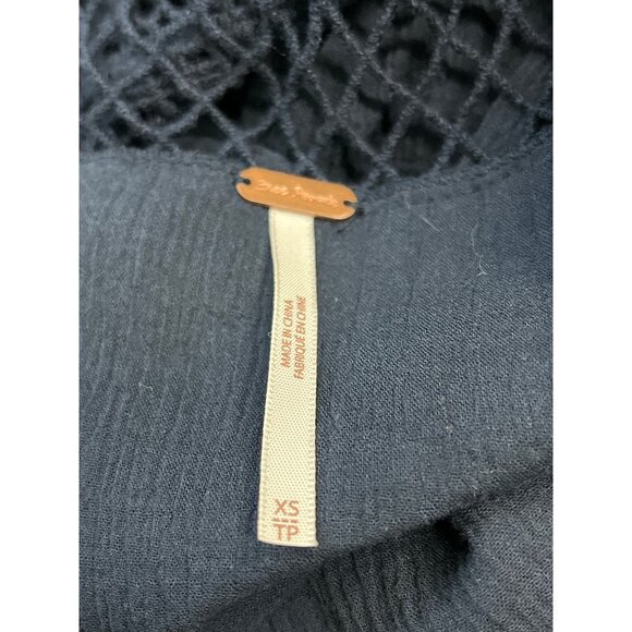 Free People Women's Indigo Blue Boho Tassel Crochet Gauzy Mesh Blouse Top Sz XS - Picture 7 of 9